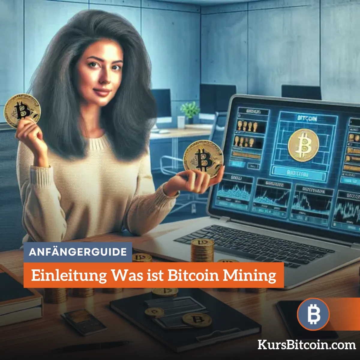 a woman holding two coins in front of a laptop - Einleitung-Was-ist-Bitcoin-Mining