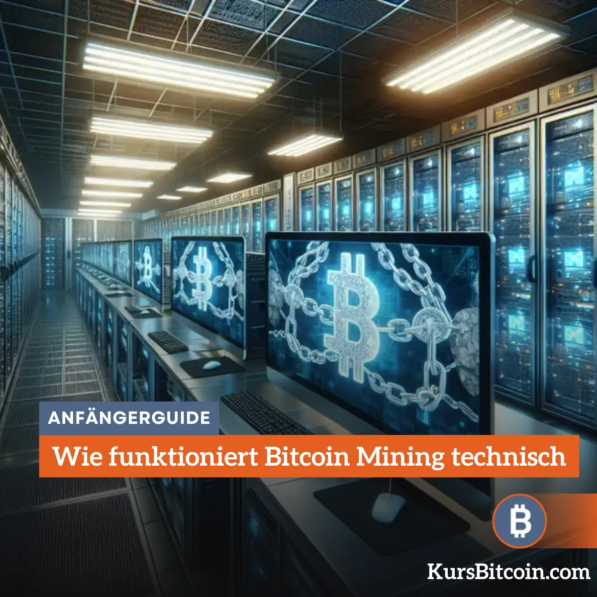 a computer room with several monitors - Wie funktioniert Bitcoin Mining technisch